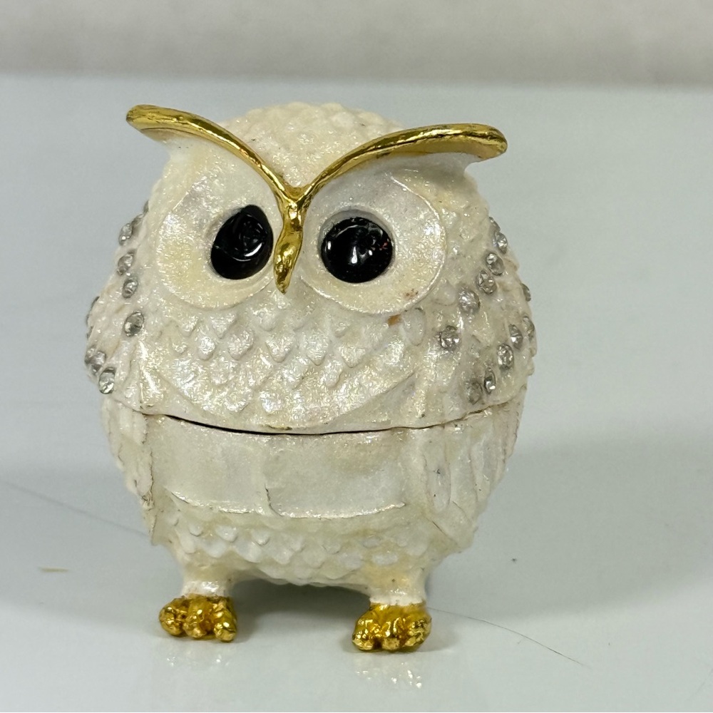 White and Gold Owl Trinket Box Jewelry Holder